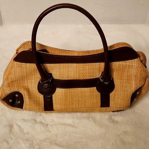 Diane Gail.  Wicker Raffia woven  beige brown leather handle handbag.